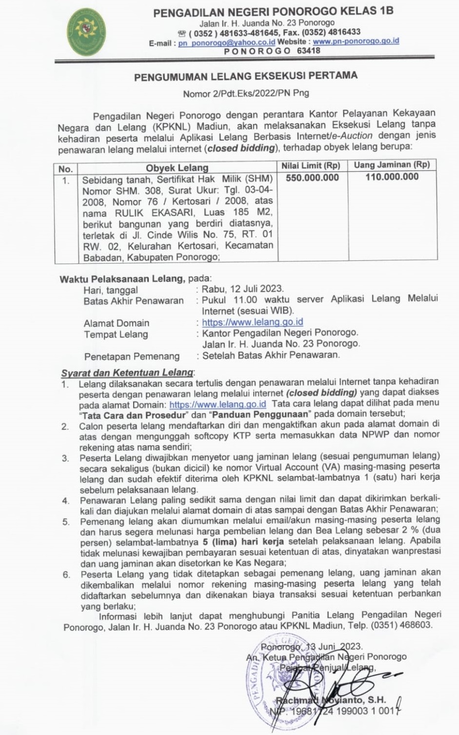 Pengumuman lelang 1
